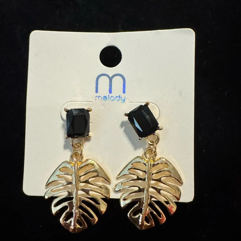 Black Stone Gold Leaf Drop Earrings Tropical Resort Statement - Picture 2 of 3